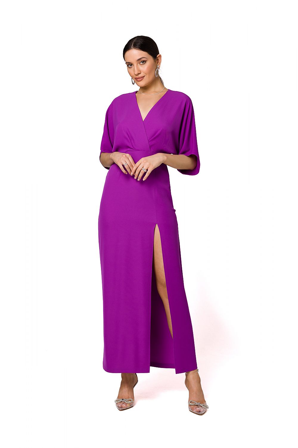 Elegant purple long evening dress with high slit, kimono sleeves, and deep V neckline by Makover, perfect for formal occasions.