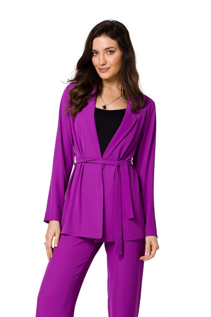 Front view of a luxury women’s flowing jacket in rich purple by Makover, elegantly belted and paired with a black top, perfect for chic styling.