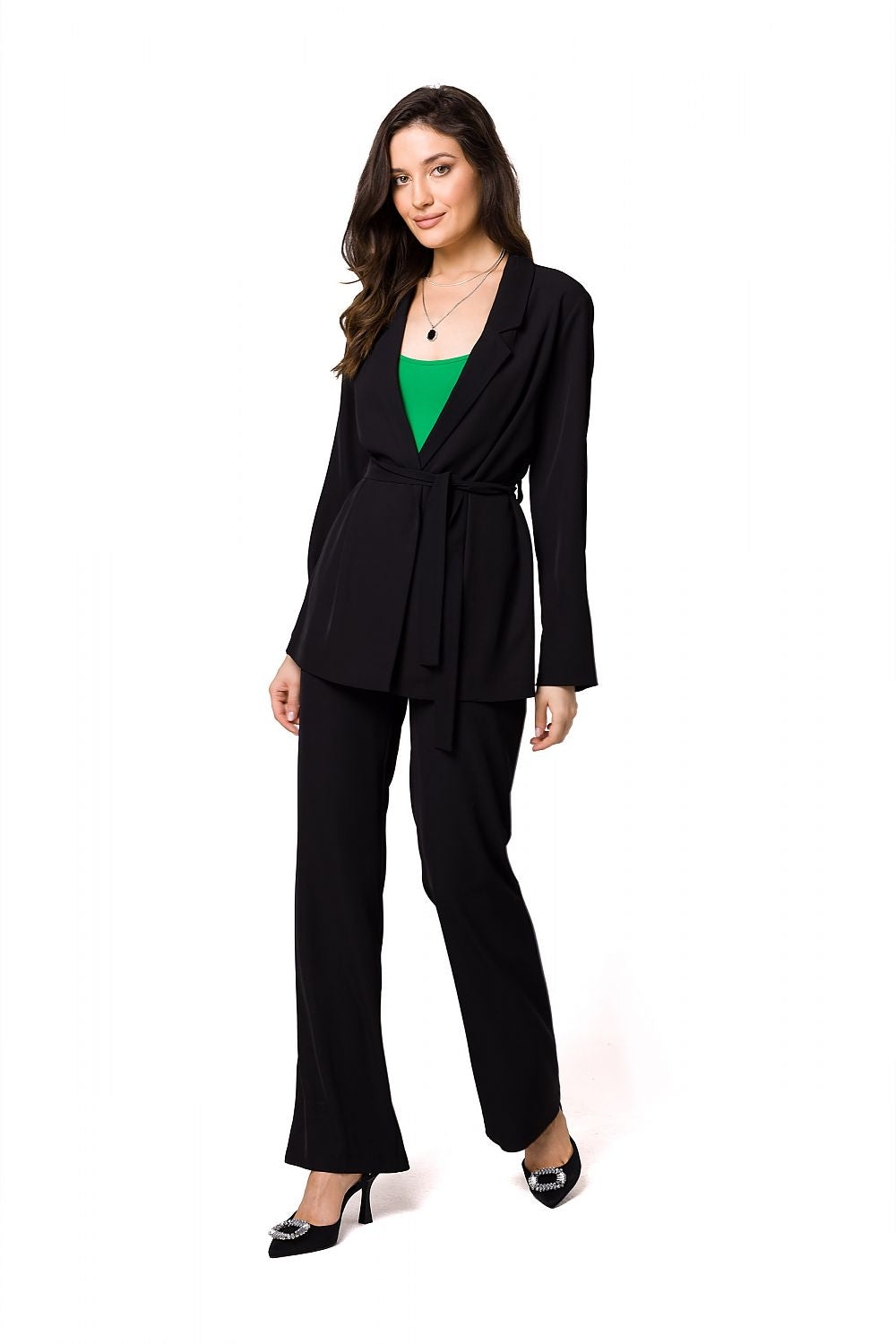Front view of a stylish black flowing women's jacket with matching trousers, featuring a cinched waist, from Makover.