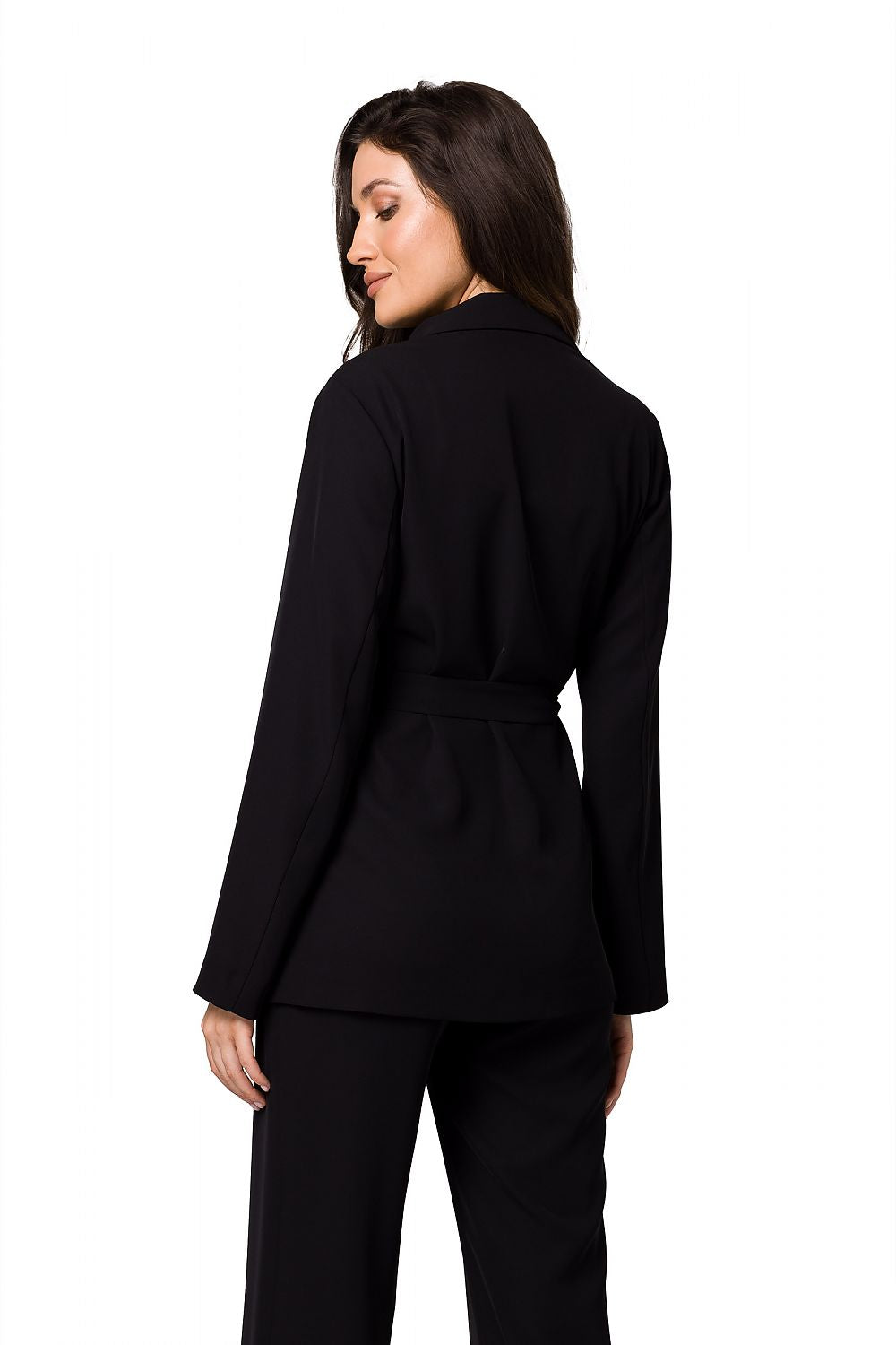 Elegant back view of a black flowing women's jacket, belted at the waist, symbolising luxury and style by Makover.
