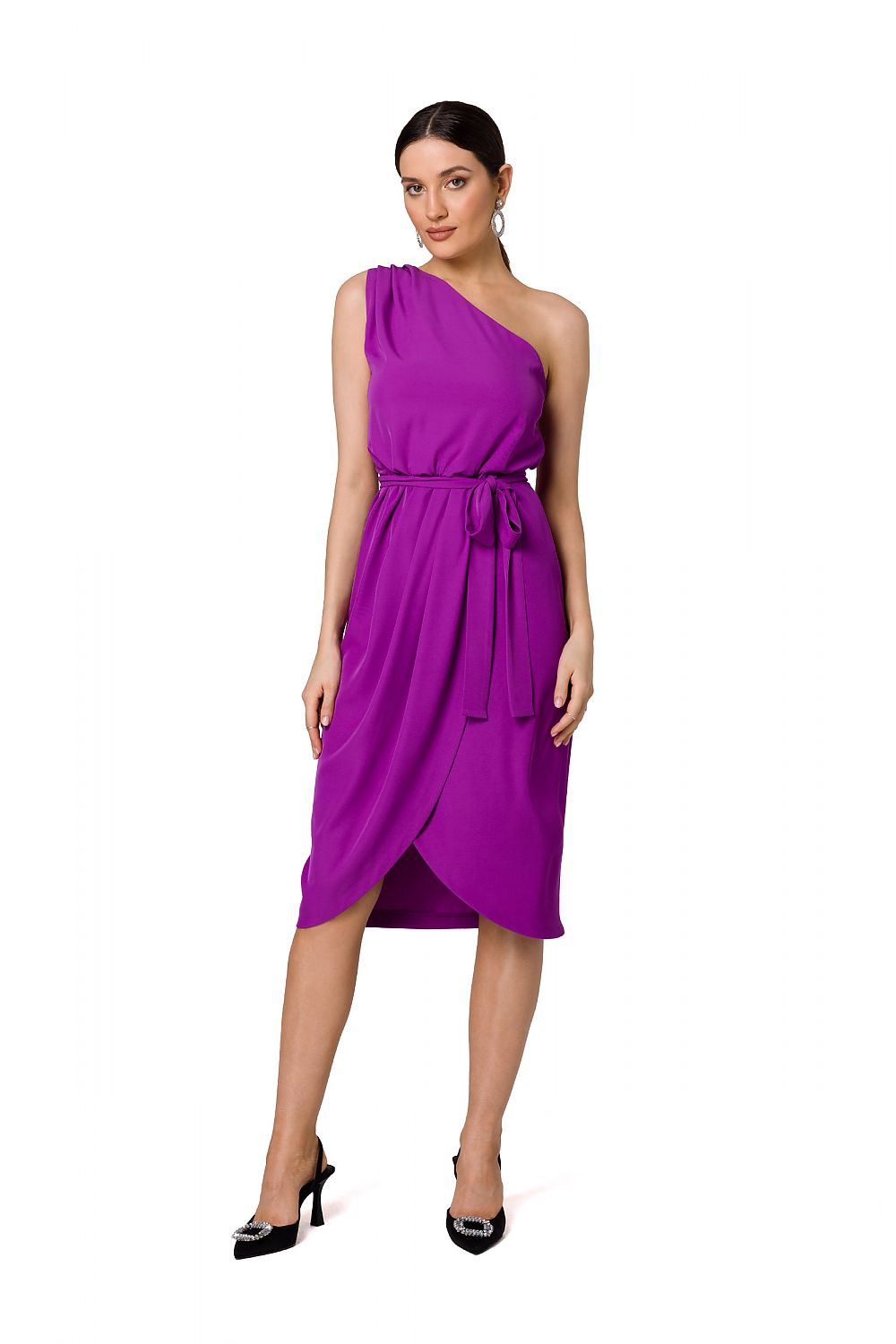 Elegant one-shoulder cocktail dress in vibrant purple, featuring draped detailing and a stylish belt, designed by Makover.