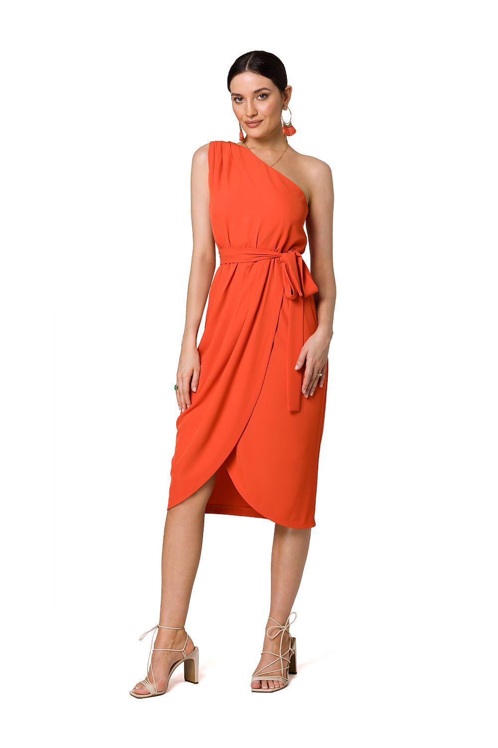 Chic one-shoulder cocktail dress in striking orange, adorned with draping and a belt, from luxury brand Makover.