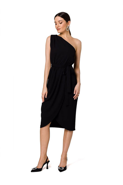 Classic black one-shoulder cocktail dress with elegant draping and a tie belt, created by Makover.