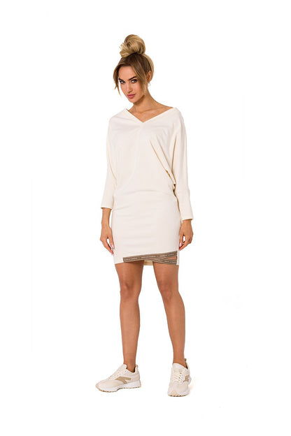 Chic cream V-neck daydress by Moe, designed with distinctive kimono sleeves and logo detailing, perfect for stylish, casual wear.