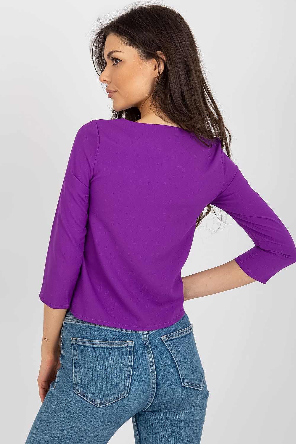 Charming purple Lakerta blouse with a delicately designed lace detail, shown from the back, reflecting a blend of elegance and modern style.