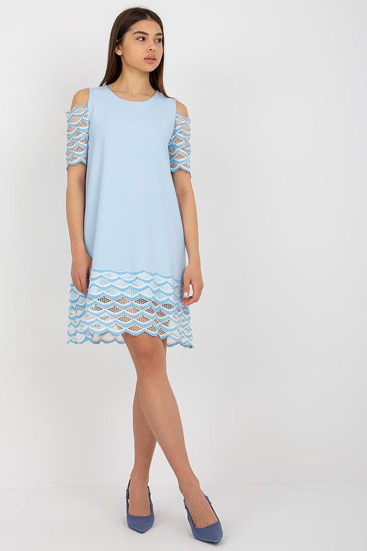Elegant Lakerta cocktail dress featuring openwork sleeves and a detailed hem, showcased in light blue, perfect for sophisticated occasions.