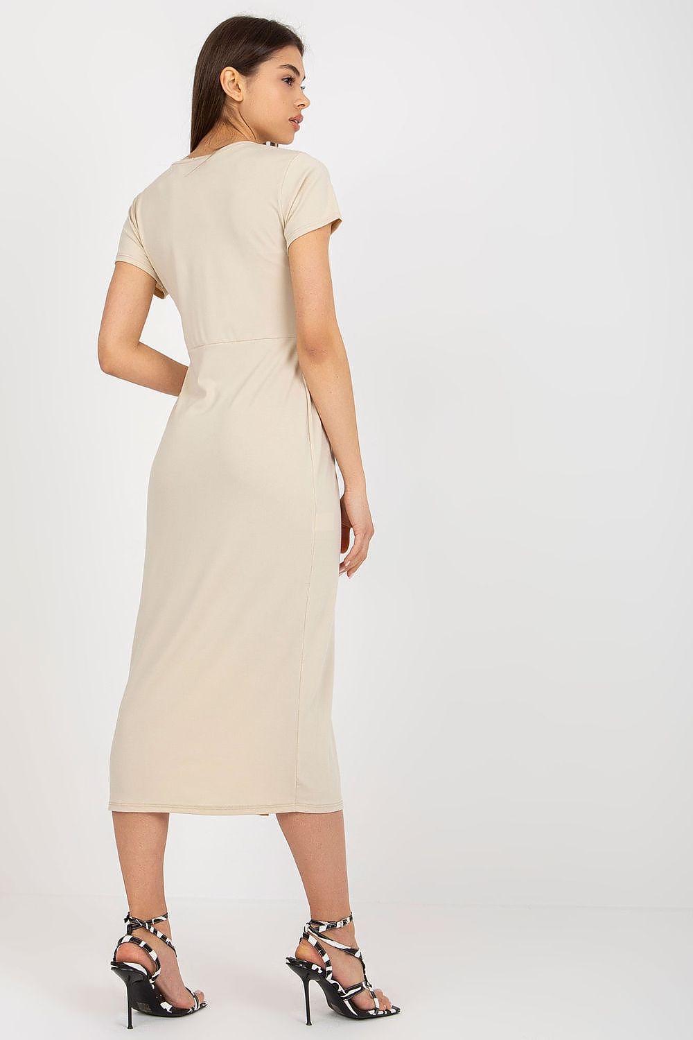 Elegant back view of a straight cut daydress with heart neckline in a neutral shade designed by Italy Moda, showcasing a flattering silhouette.