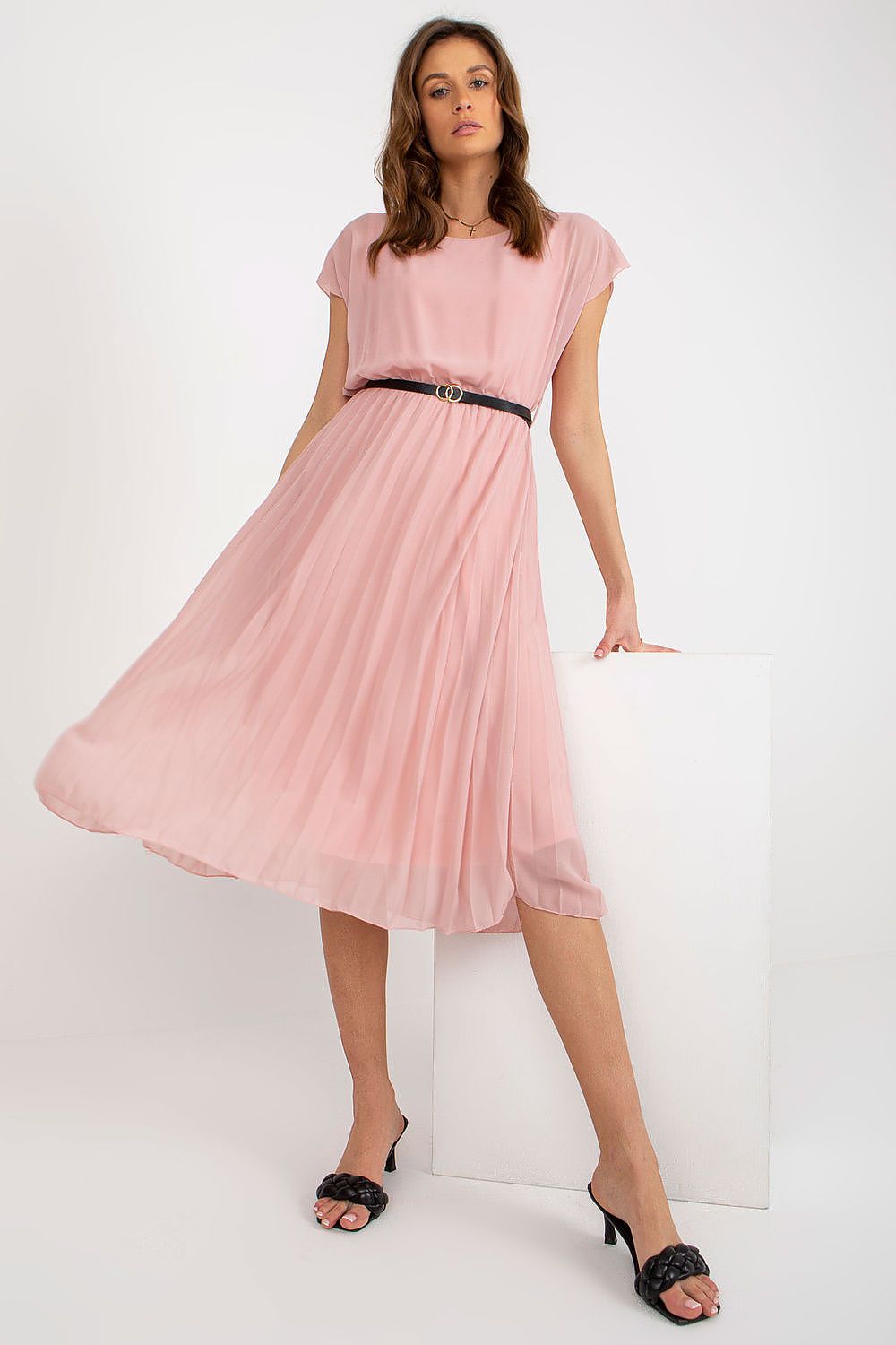Luxurious pink pleated cocktail dress by Italy Moda, featuring a stylish black belt, ideal for formal events.