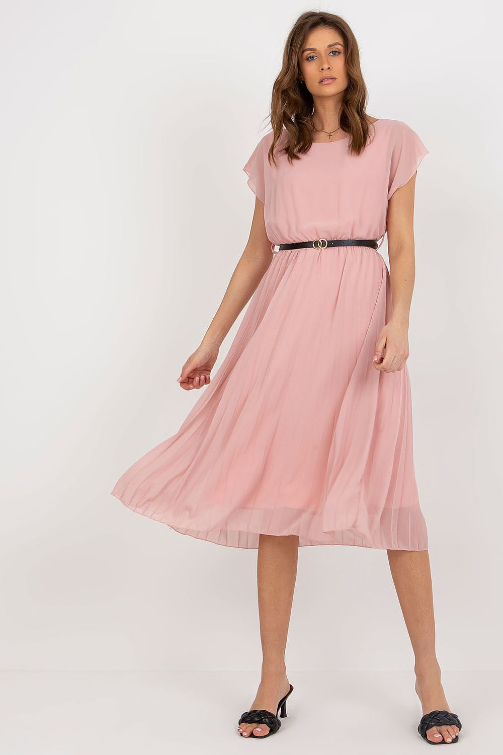 Elegant pink pleated cocktail dress with short sleeves and black belt, designed by Italy Moda for sophisticated occasions.