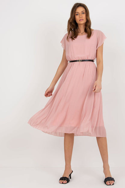 Elegant pink pleated cocktail dress with short sleeves and black belt, designed by Italy Moda for sophisticated occasions.