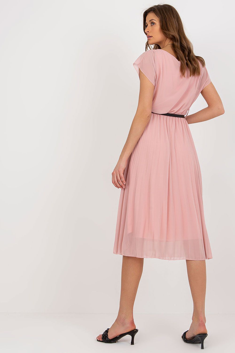 Back view of a luxurious pink cocktail dress by Italy Moda with a pleated skirt and black belt, perfect for formal events.