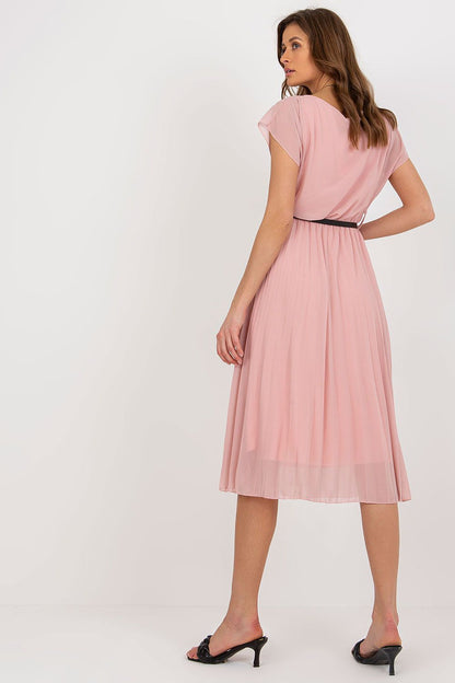 Back view of a luxurious pink cocktail dress by Italy Moda with a pleated skirt and black belt, perfect for formal events.
