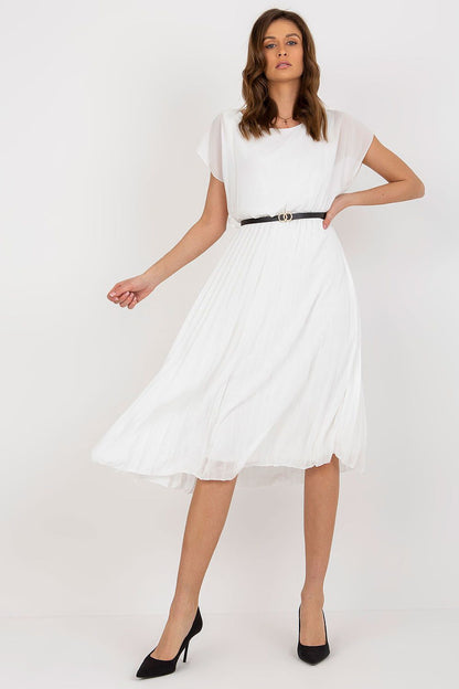 Chic white pleated cocktail dress with black belt by Italy Moda, showcasing a refined design for formal occasions.
