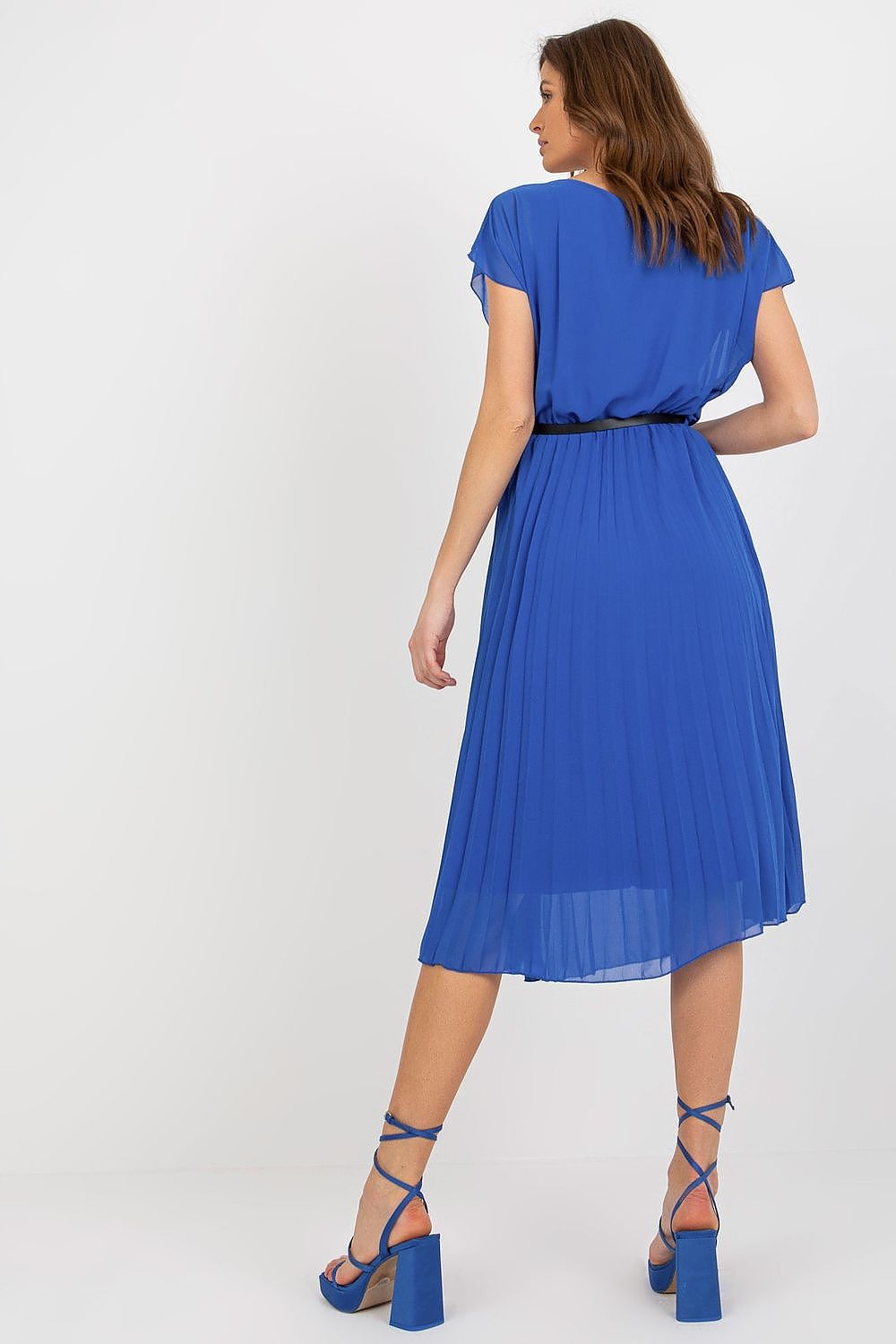 Elegant blue cocktail dress by Italy Moda featuring a pleated skirt and a black belt, showcased from the back, perfect for formal events.
