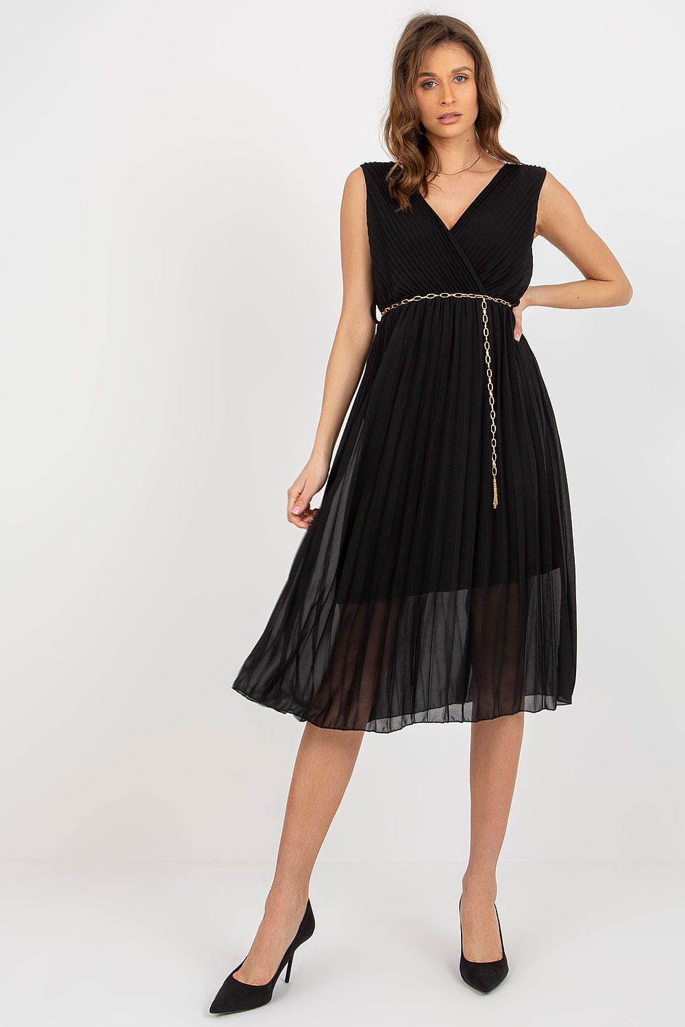 Elegant Italy Moda cocktail dress featuring a pleated design, short sleeves, and a black waist belt, perfect for formal occasions.