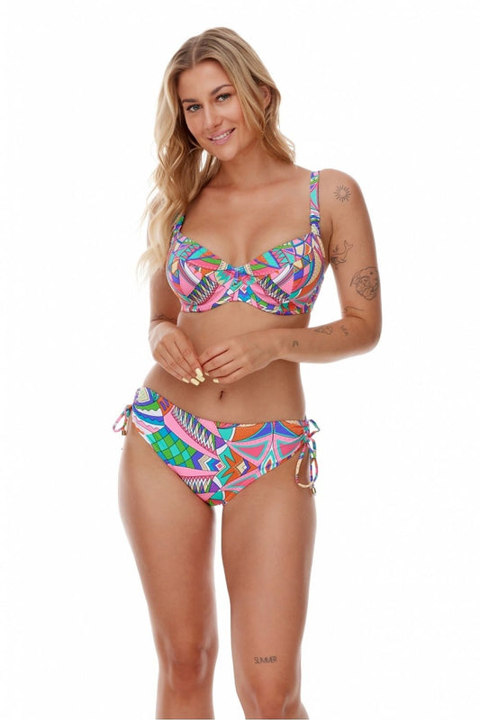 Lupo Line Women's Luxury Swimming Bra in vibrant geometric pattern, featuring underwire support and adjustable straps. Model showcases the stylish bikini design, ideal for medium to large busts.