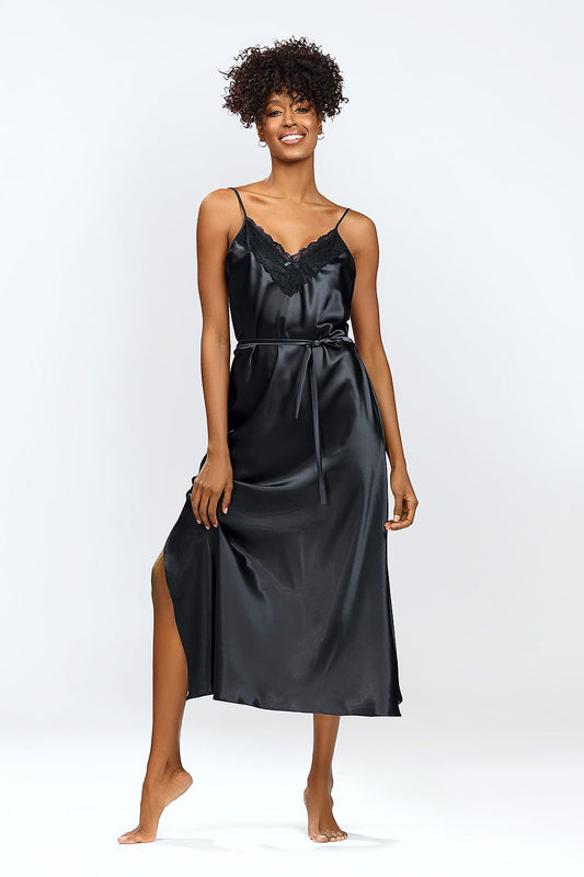 Elegant DKaren Ife Satin Slip Nightgown in black, featuring lace trim and adjustable belt, showcased on a model with curly hair, perfect for luxury sleepwear.