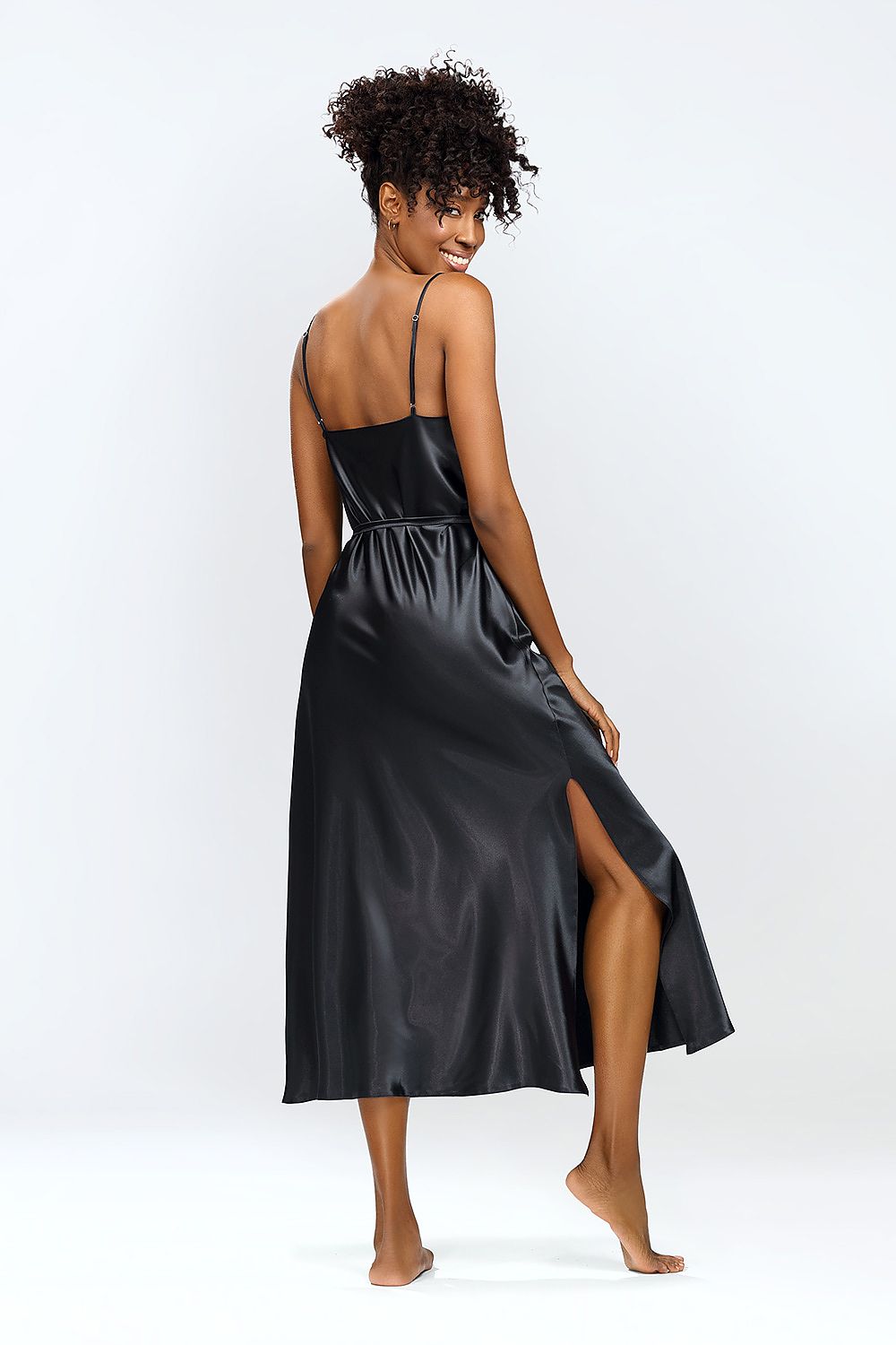 DKaren Ife Satin Slip Nightgown, showcased on a model, highlighting the elegant design with adjustable belt and stylish lace trim, ideal luxury sleepwear for a sophisticated look.