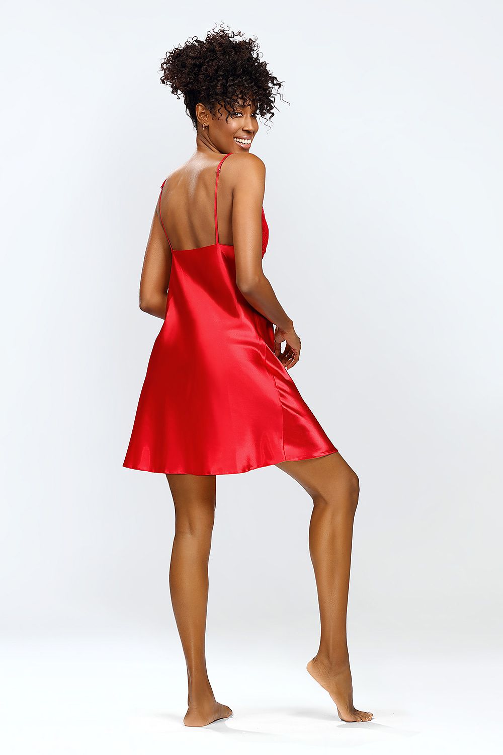 Chic back view of the Sensual Neema Slip Chemise by DKaren, highlighting the exquisite satin finish and feminine silhouette, ideal for adding a touch of allure to your nightwear collection.