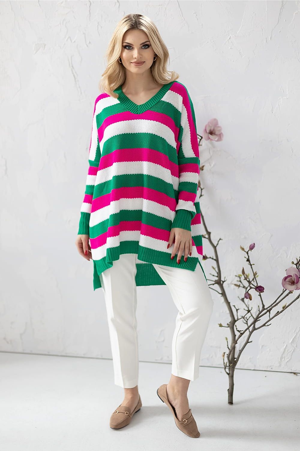 Fashion-forward green and pink striped sweater by PeeKaBoo, perfect for adding a pop of colour to your wardrobe.