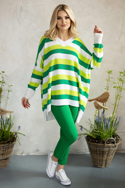 Chic loose-fitting sweater with bold green and yellow stripes, exuding luxury, by PeeKaBoo.
