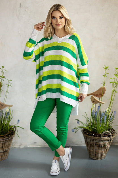 Stunning oversized sweater with eye-catching stripes in green and yellow, perfect for elegant styling, by PeeKaBoo.