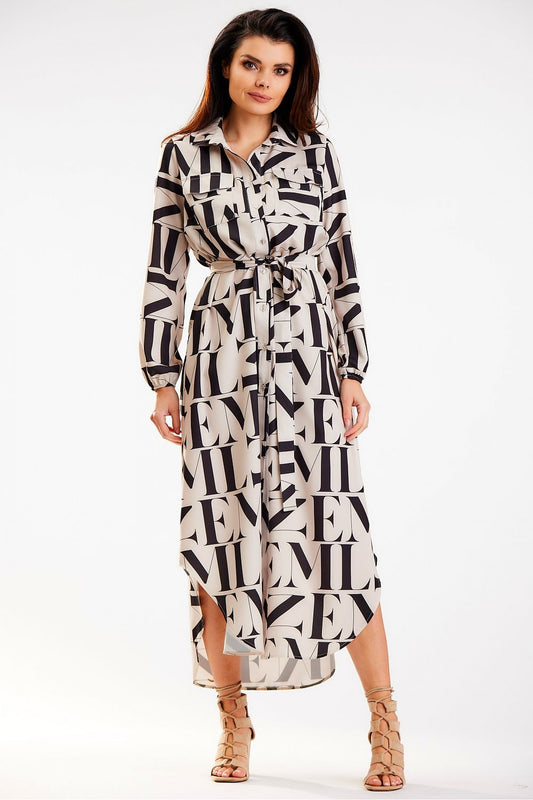 Luxurious Awama shirt maxi dress featuring a stylish belted waist, long sleeves, and contemporary graphic prints, beautifully tailored in Poland.