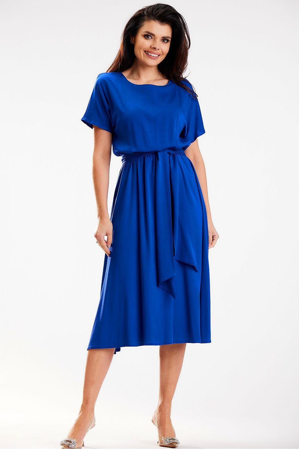 Vibrant blue midi length kimono dress by Awama, designed for a feminine look with a cinched waist, perfect for stylish outings.
