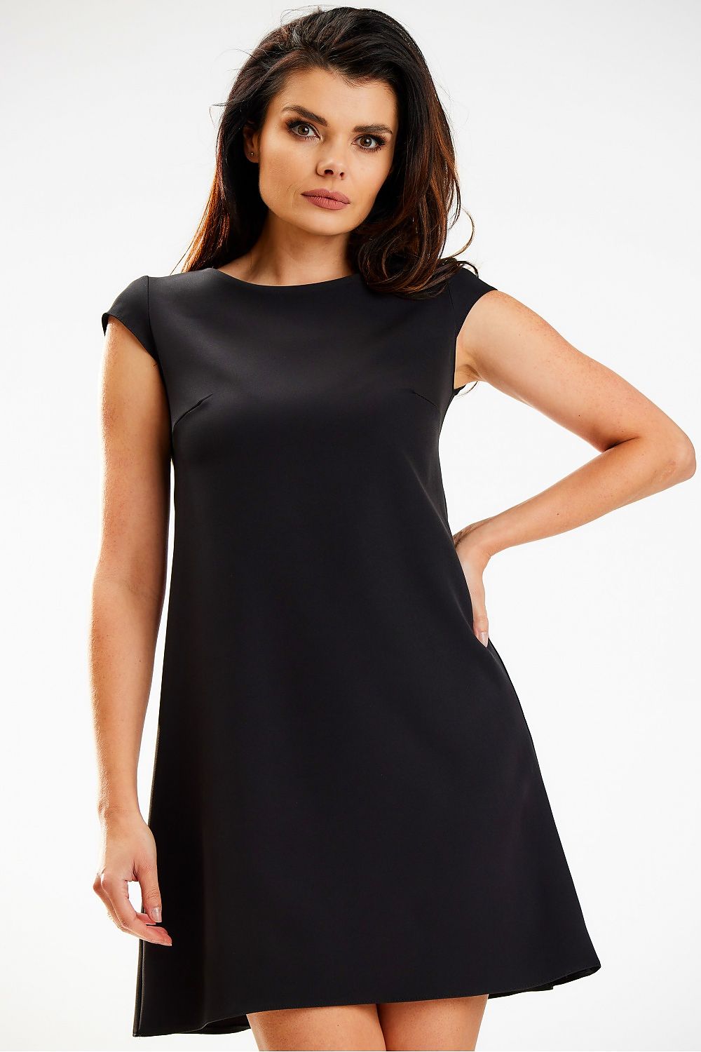 Classic black mini dress with short sleeves and a loose cut, designed by awama for a timeless and elegant appearance.