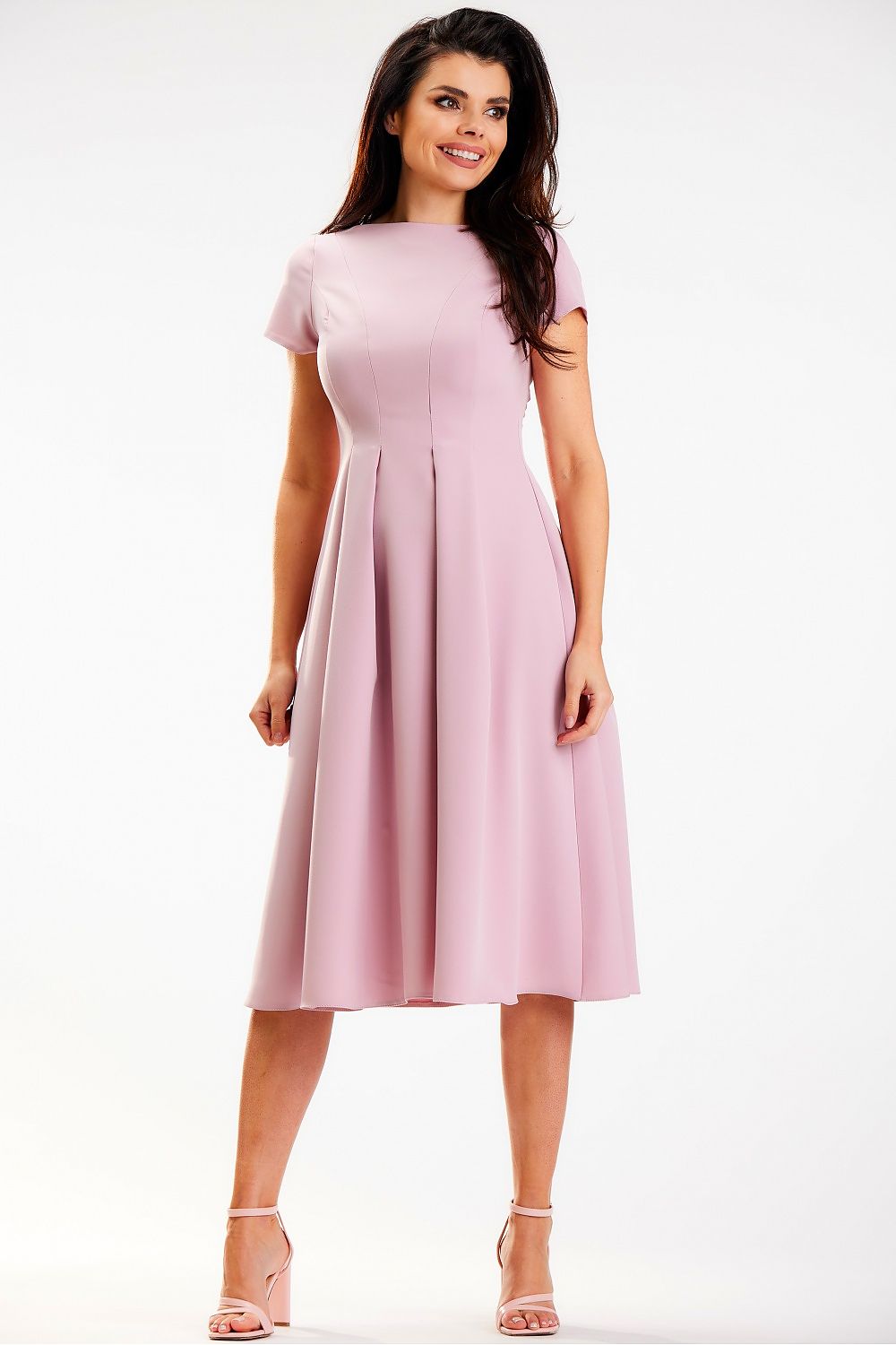 Chic pink midi dress with short sleeves and a boat neckline, highlighting a gracefully tailored silhouette, crafted by Awama for a sophisticated look.
