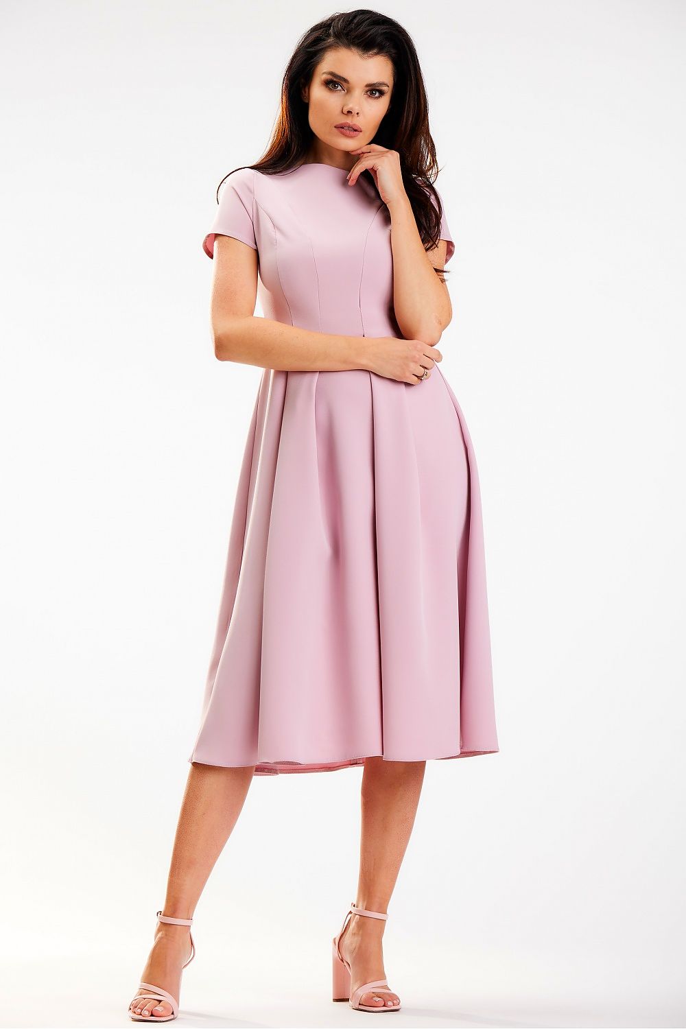 Stylish pink midi dress featuring a boat neckline and short sleeves, designed by Awama, emphasising elegance and comfort for fashionable events.