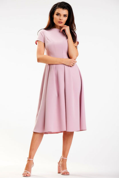 Stylish pink midi dress featuring a boat neckline and short sleeves, designed by Awama, emphasising elegance and comfort for fashionable events.