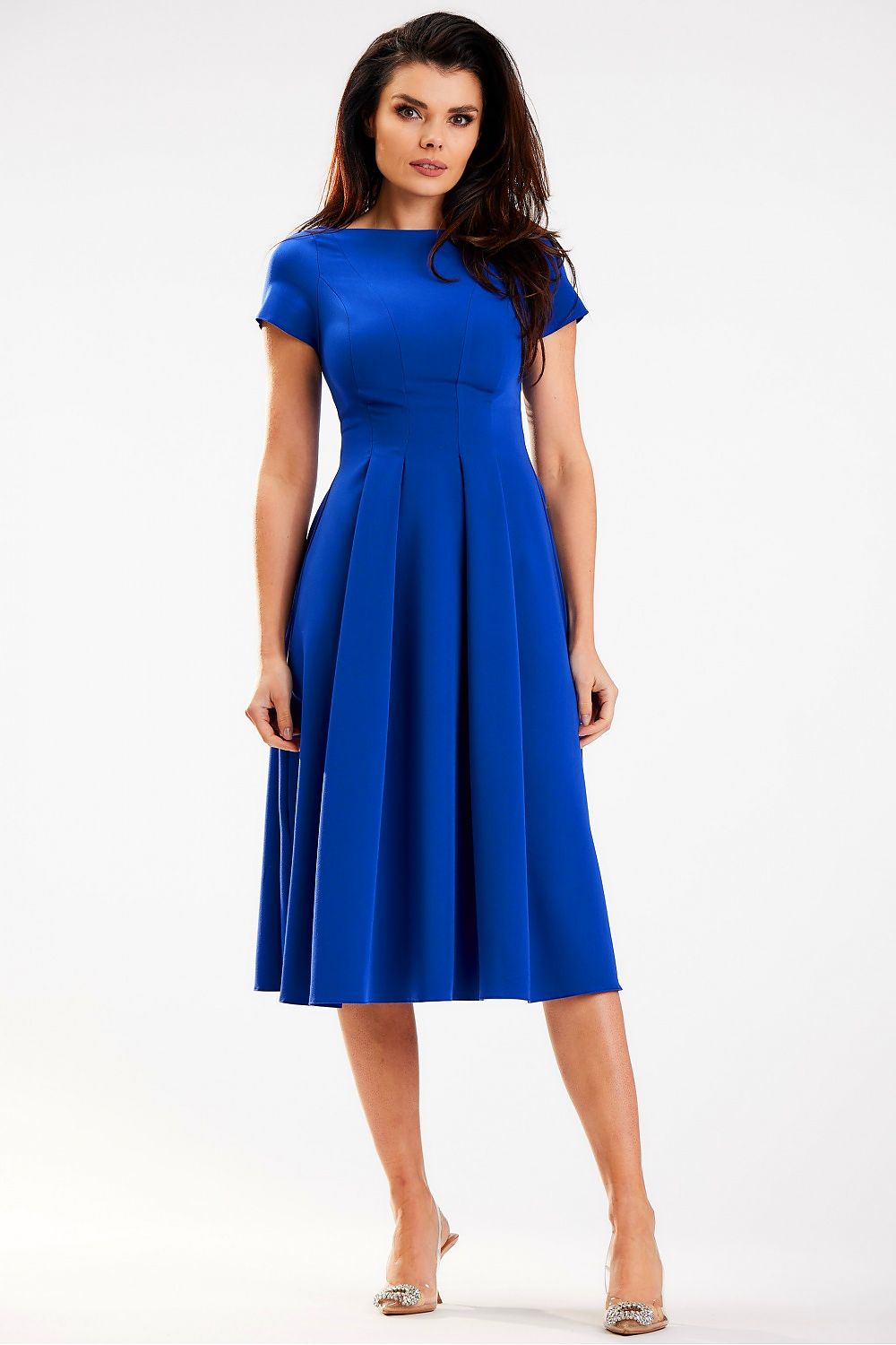 Striking blue midi dress with a boat neckline and short sleeves, designed by Awama, combining modern elegance with a timeless silhouette for upscale occasions.