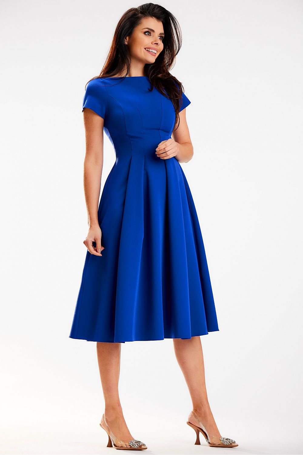 Elegant midi dress by Awama, featuring a flattering boat neckline and short sleeves, showcased in a vibrant blue colour.