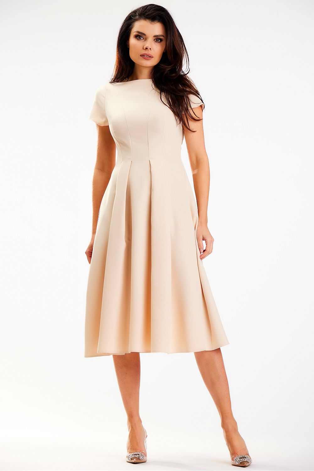 Classic nude midi dress by Awama, elegantly styled with a boat neckline, perfect for any formal occasion.