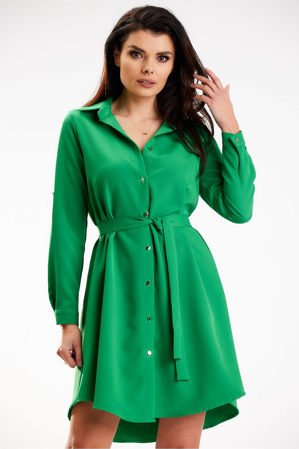 Elegant Awama shirt mini dress in vibrant green featuring long sleeves and a cinched belt, showcasing a sophisticated style for women.