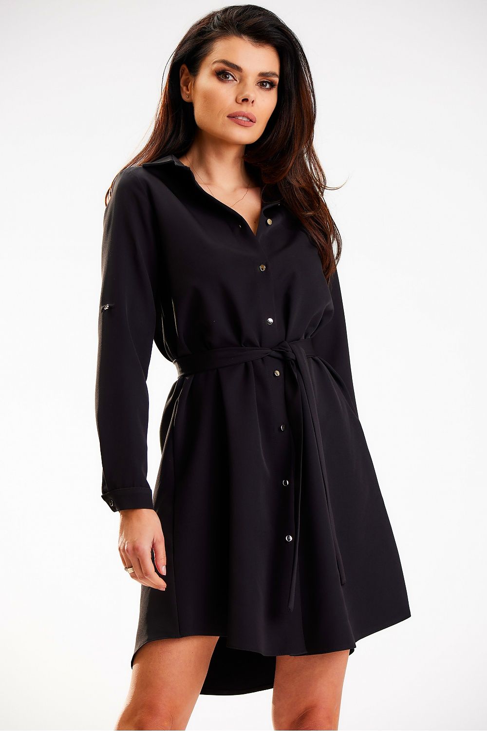 Sophisticated Awama shirt mini dress in elegant black, designed with long sleeves and a stylish belt, luxurious gold button accents for a refined look.