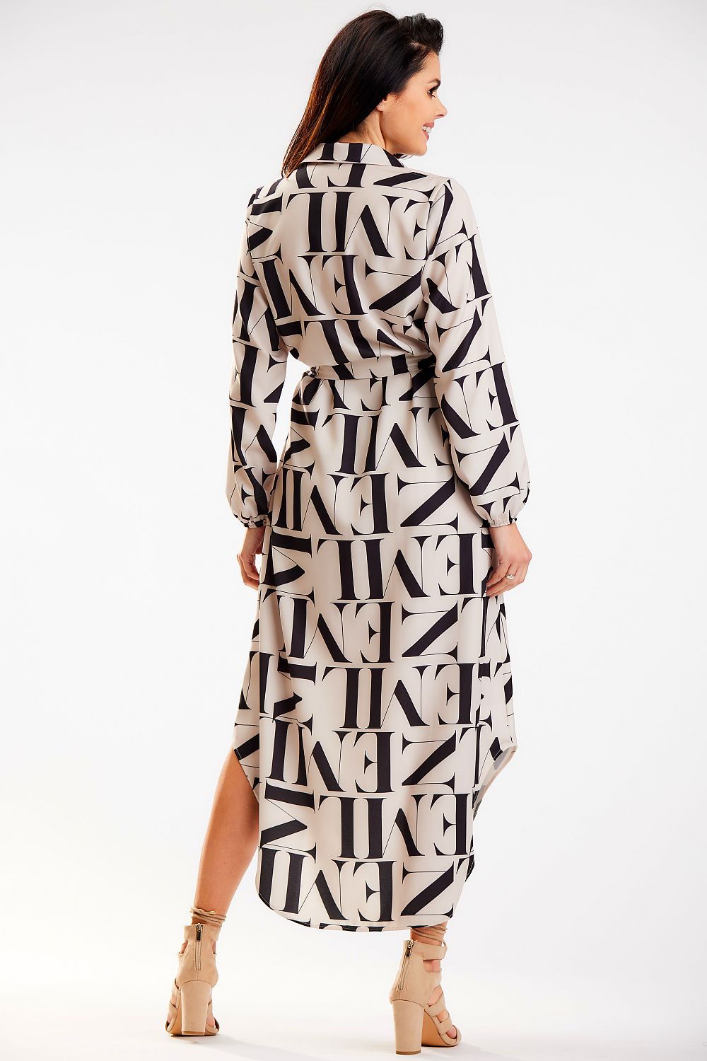 Elegant back view of the Awama shirt maxi dress with long sleeves and a sophisticated belt, perfect for modern luxury, made in Poland.