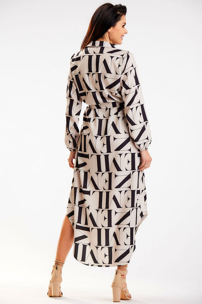 Elegant back view of the Awama shirt maxi dress with long sleeves and a sophisticated belt, perfect for modern luxury, made in Poland.