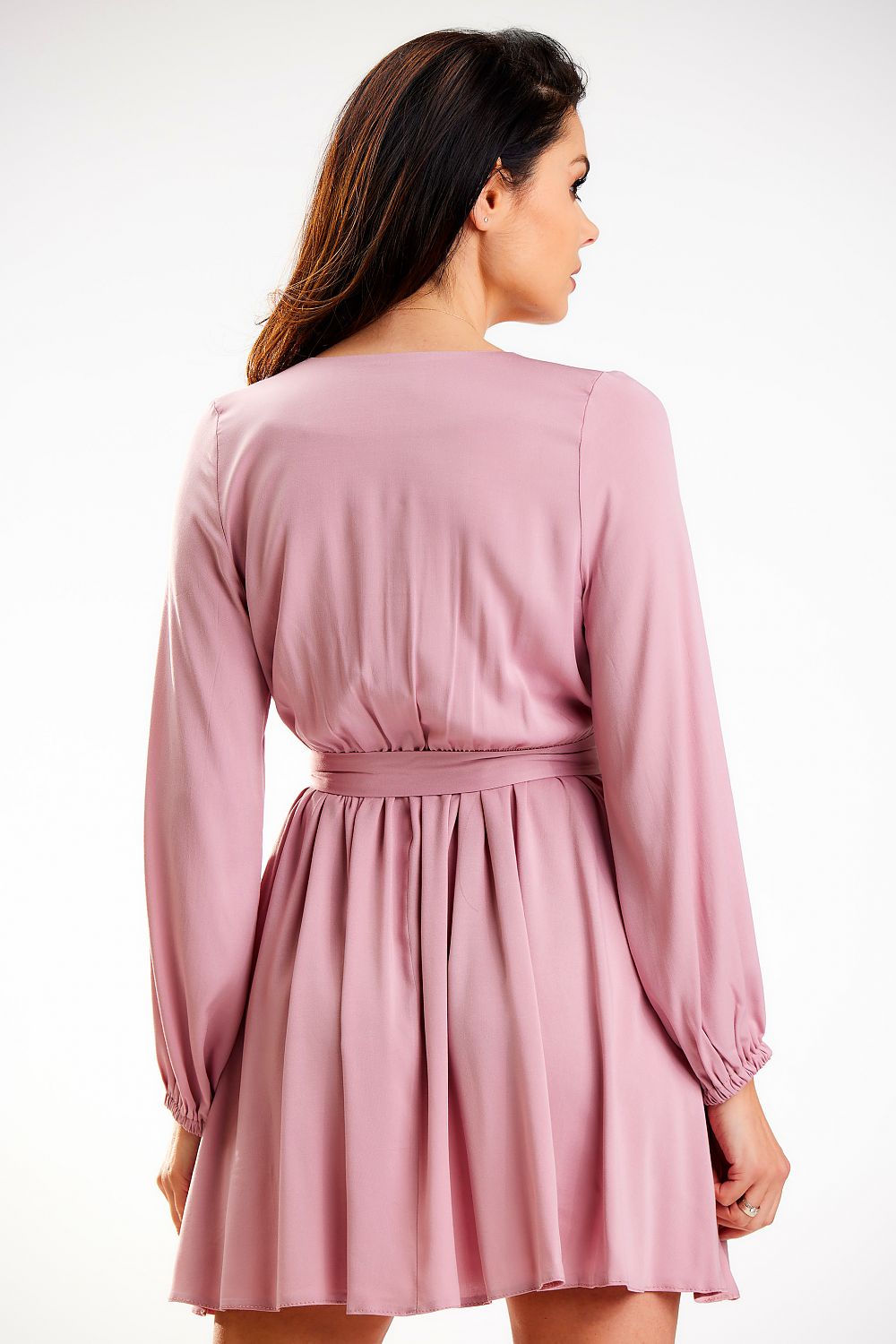 Stylish back view of a pink mini length dress with long sleeves and a matching belt by Awama, perfect for elegant summer occasions.