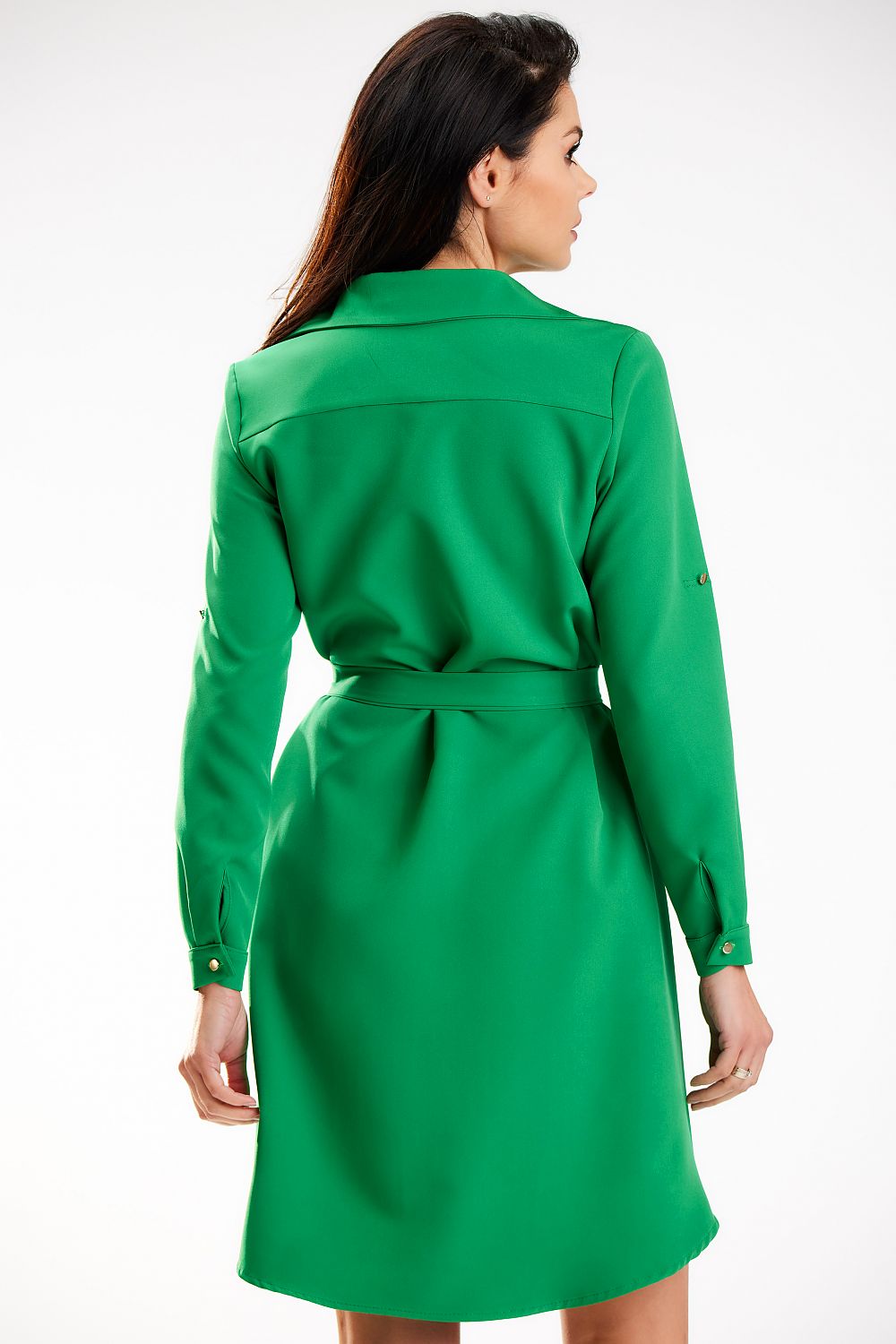 Back view of the luxurious Awama shirt mini dress in green, highlighting its tailored design and elegant silhouette.