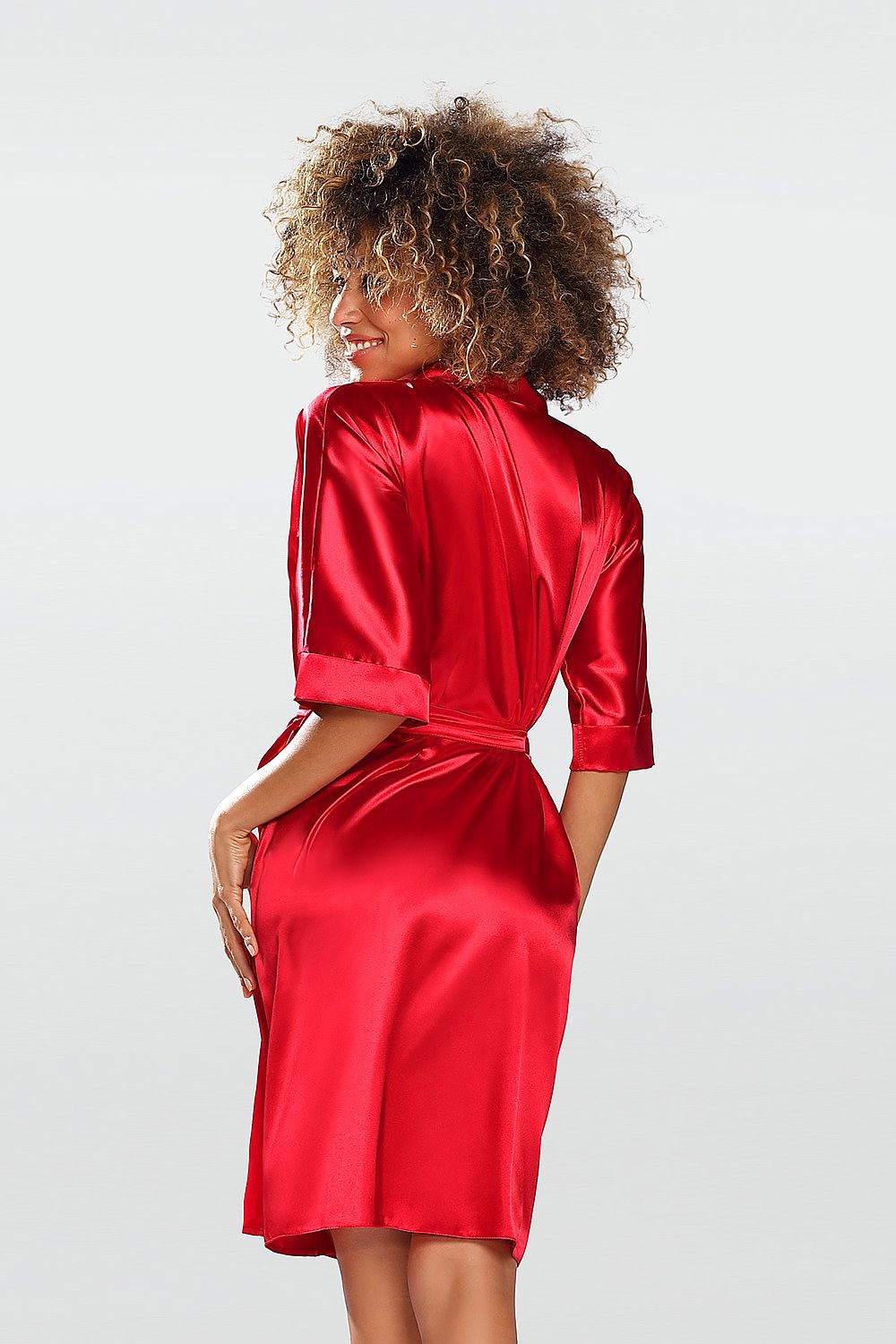 Back view of the DKaren Short-Sleeved Satin Bathrobe in Red, highlighting the sophisticated waist tie and sleek design, perfect for a luxurious at-home experience.