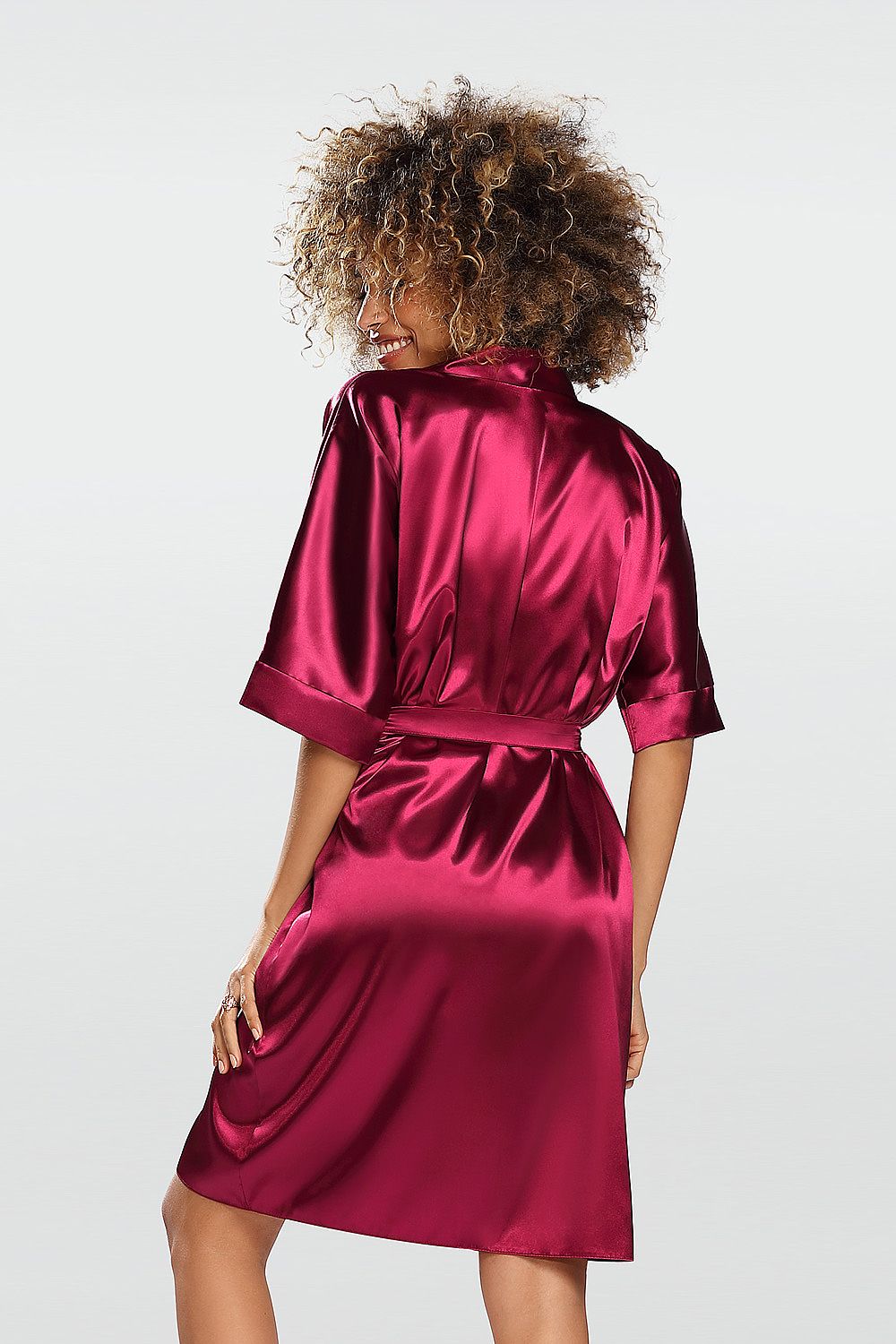 DKaren elegant short-sleeved satin bathrobe in deep burgundy, featuring a comfortable fit and waist tie, showcasing stylish back view, perfect for luxurious lounging.