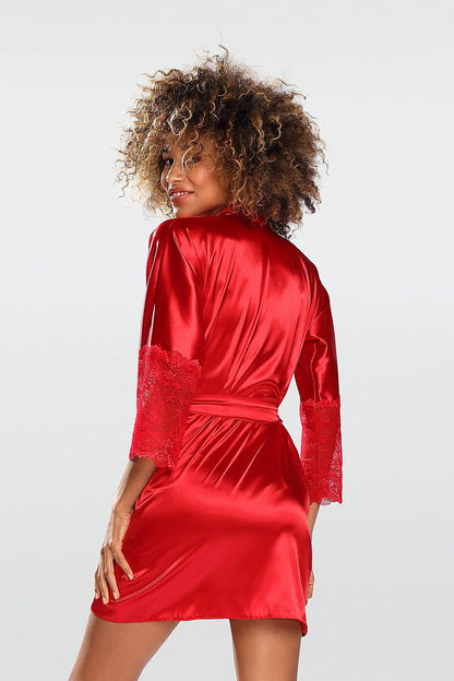 Rear view of a stunning DKaren satin chemise in vibrant red, highlighting the sheer lace cuffs and the graceful silhouette, worn by a model, perfect for elegant nightwear.