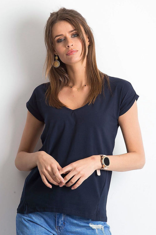Elegant women's V-neck t-shirt in navy from BFG, styled with a minimalist charm, perfect for a chic casual look.