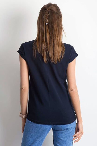 Back view of a stylish women's navy V-neck t-shirt by BFG, showcasing a sleek silhouette and comfortable fit.