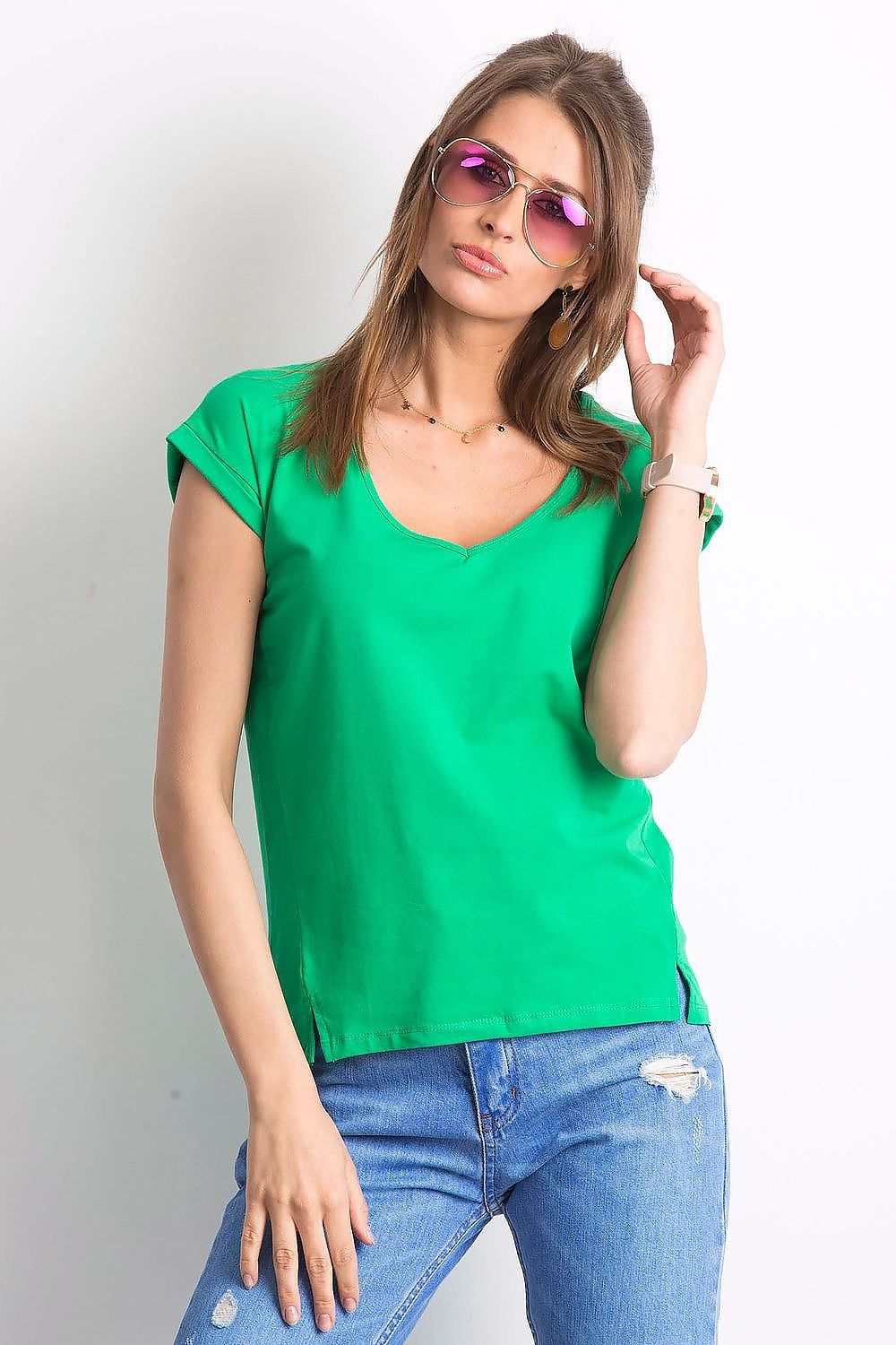 Vibrant green women's V-neck t-shirt from BFG, adding a pop of colour to any wardrobe while exuding sophisticated style.