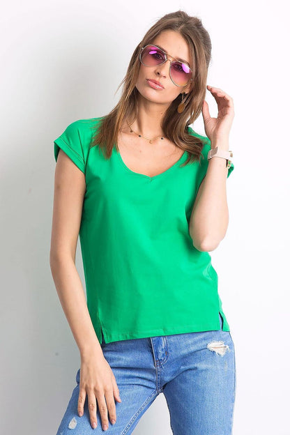 Vibrant green women's V-neck t-shirt from BFG, adding a pop of colour to any wardrobe while exuding sophisticated style.