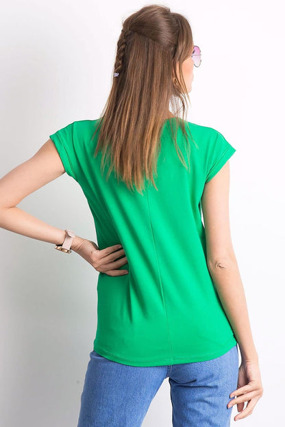 Stylish back view of a woman wearing an elegant green V-neck t-shirt, showcasing premium quality fabric and minimalist design by BFG.