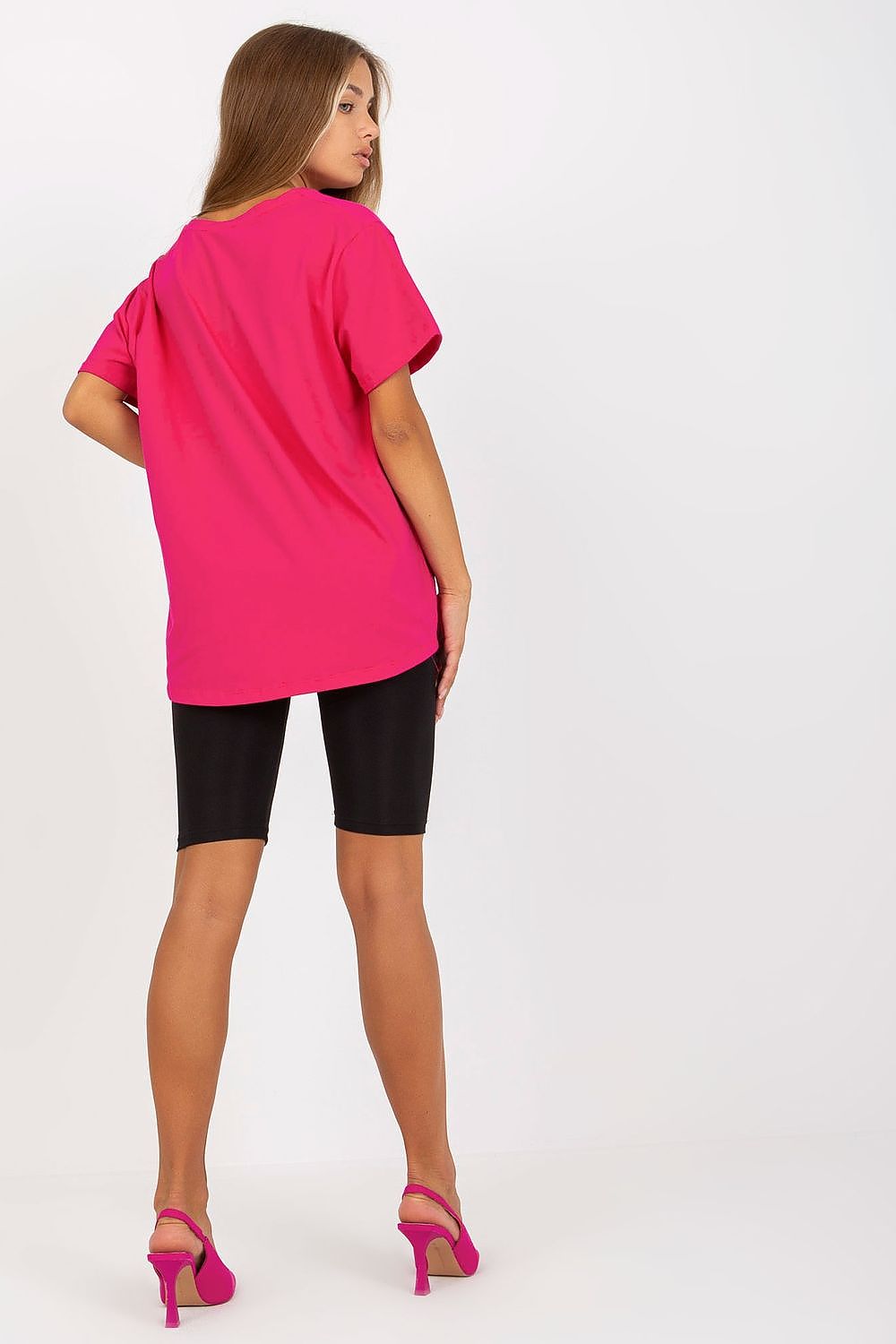 Back view of Luxury Women's BFG T-Shirt in pink, showcasing the slightly extended back design. Perfect for stylish layering.